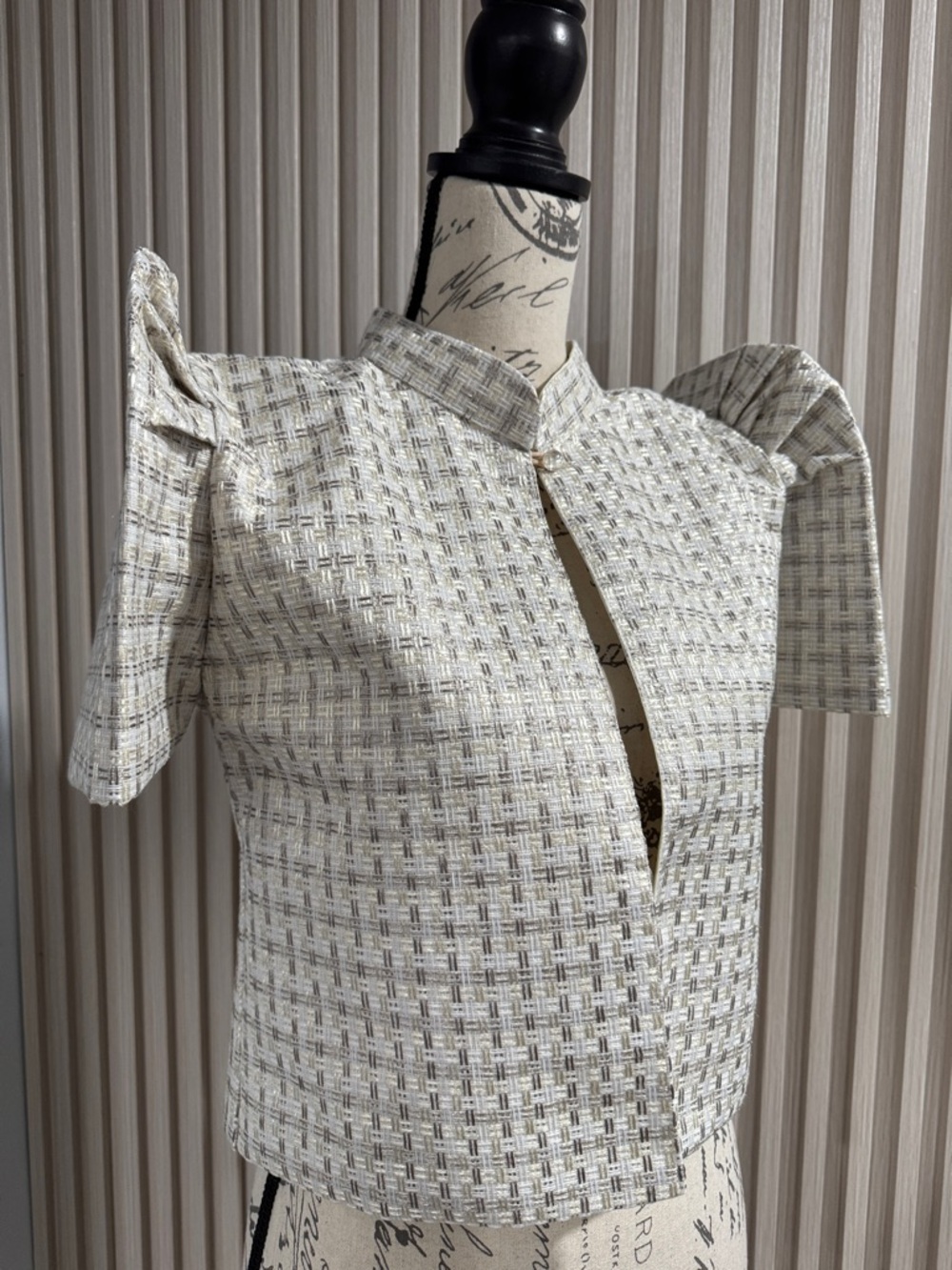 Women's Cream Tweed Short Sleeve Boxy Top